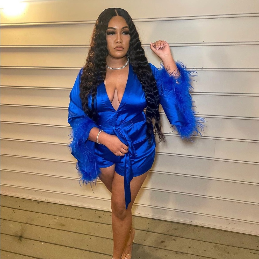 Royal Blue Faux Feather Sleeve Romper